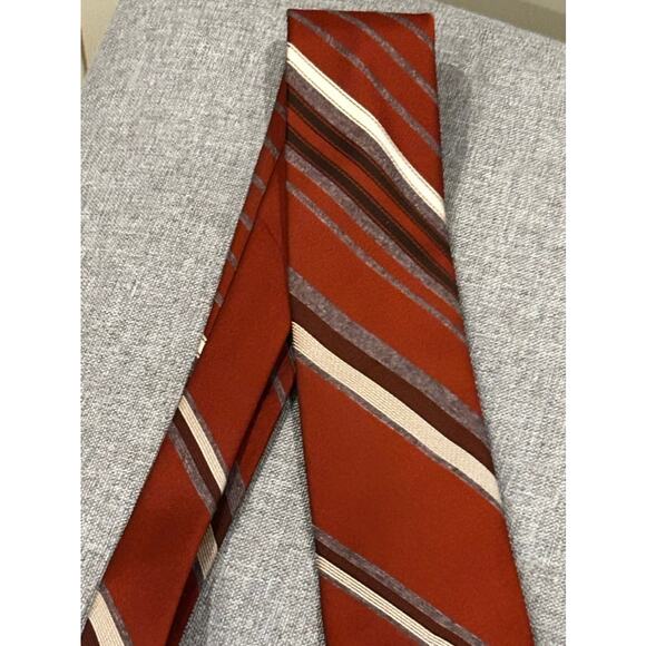 Vintage 70’s PIERRE CARDIN Rust Red Grey Cream Stripe Logo 100% Polyester Tie - Picture 3 of 7